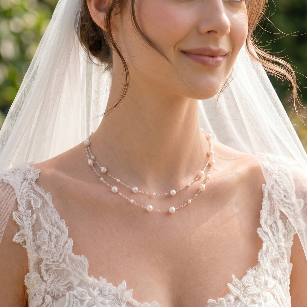 Double Layer Natural Pearl Necklace in 925 Sterling Silver