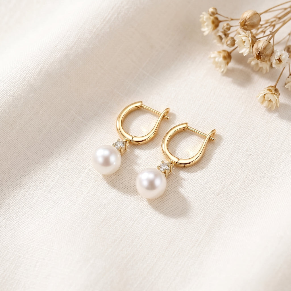Freshwater Pearl Hoop Earrings with Zircon Charm