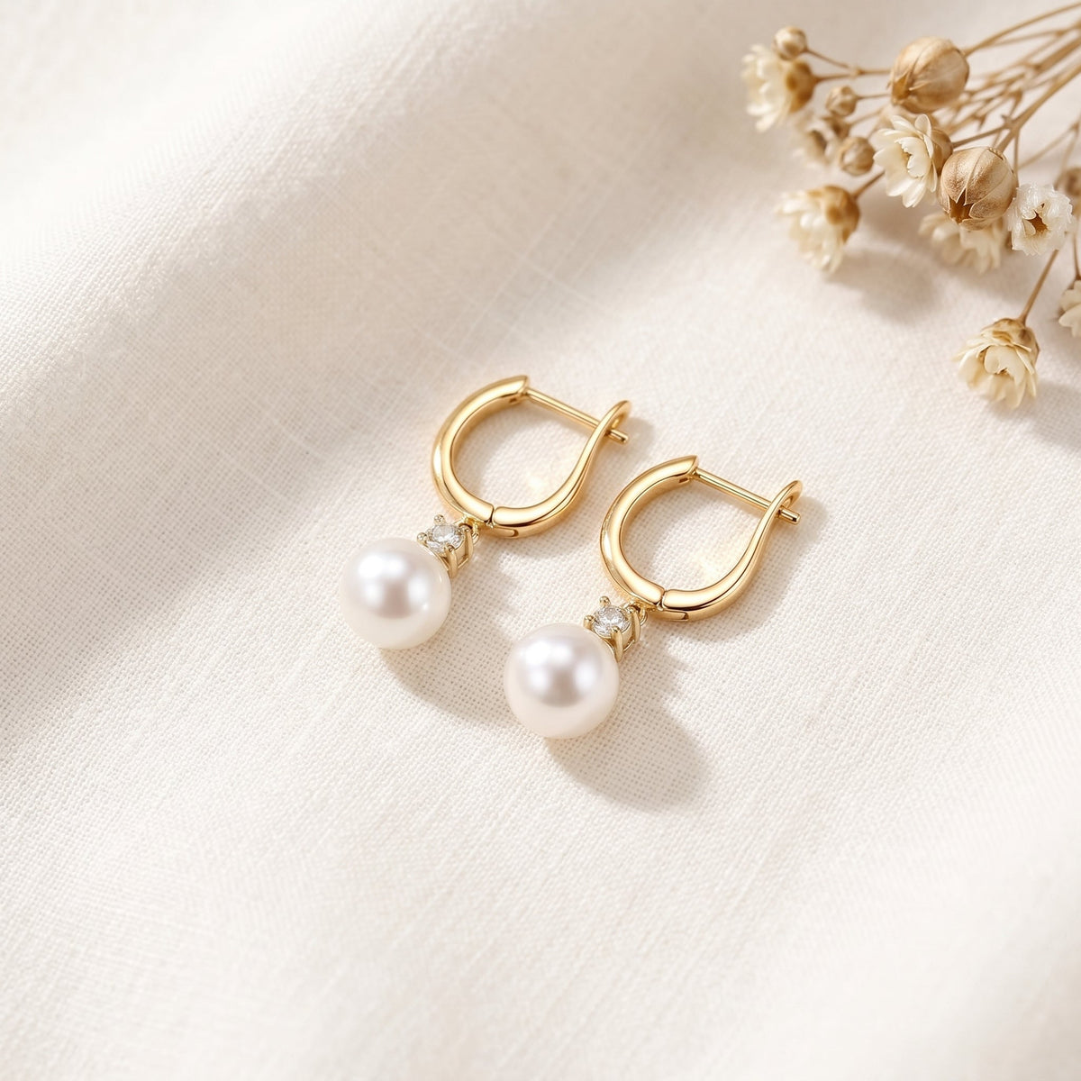 Freshwater Pearl Hoop Earrings with Zircon Charm