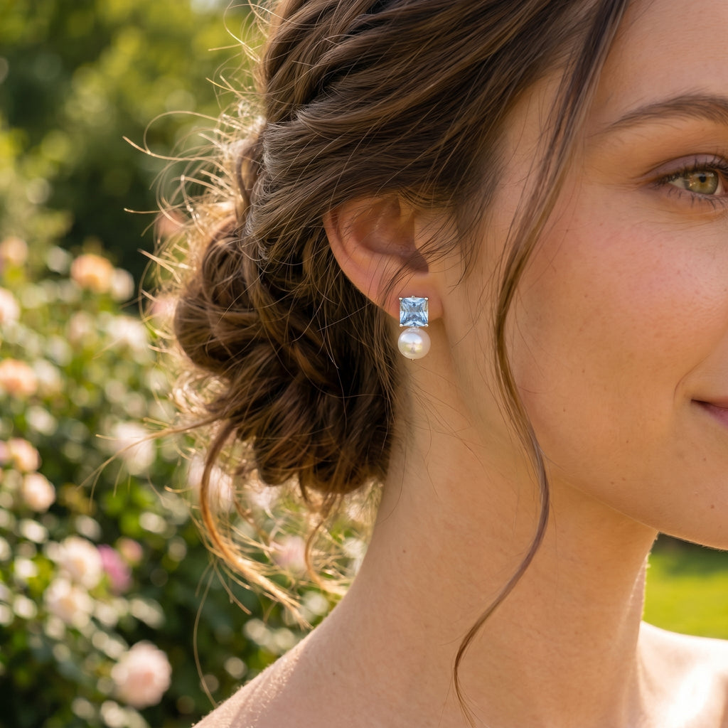 Freshwater Pearl & Zircon Stud Earrings with Silver Needle